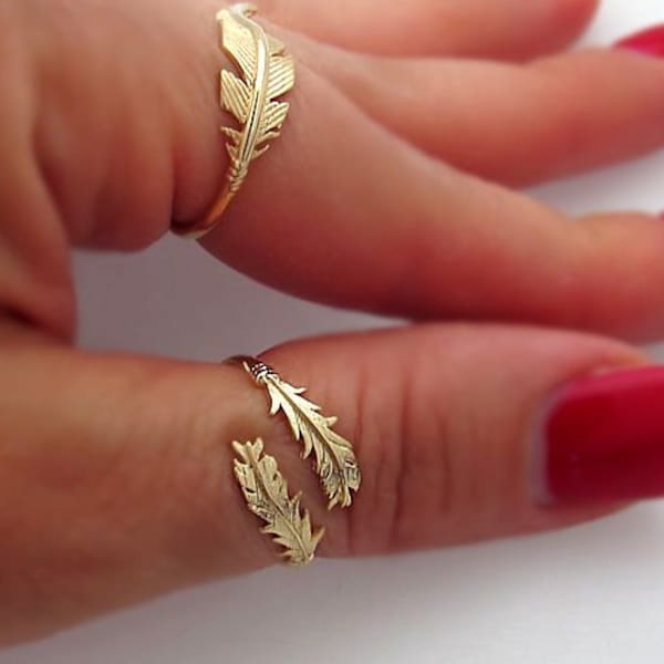 Two Feathers Ring | Wrap Gold Feather Designer Ring | Bohemian Rings | Gift for Her | Boho Feather Ring | Christmas Gift | Adjustable