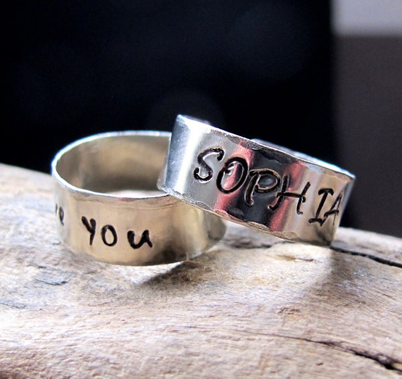 Custom Name Ring, Personalized Silver Rings, Engraved Date, Initial Ring, Hammered Ring Gift for him, her, Adjustable Ring image 2