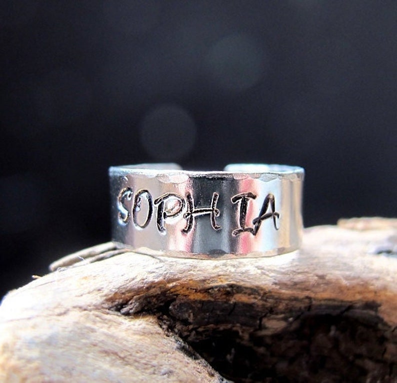 Custom Name Ring, Personalized Silver Rings, Engraved Date, Initial Ring, Hammered Ring Gift for him, her, Adjustable Ring image 1