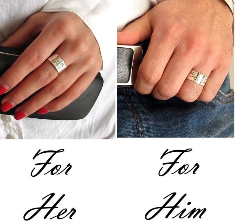 May include: Two silver rings with engraved text. The ring on the left says "For Her" and the ring on the right says "For Him".