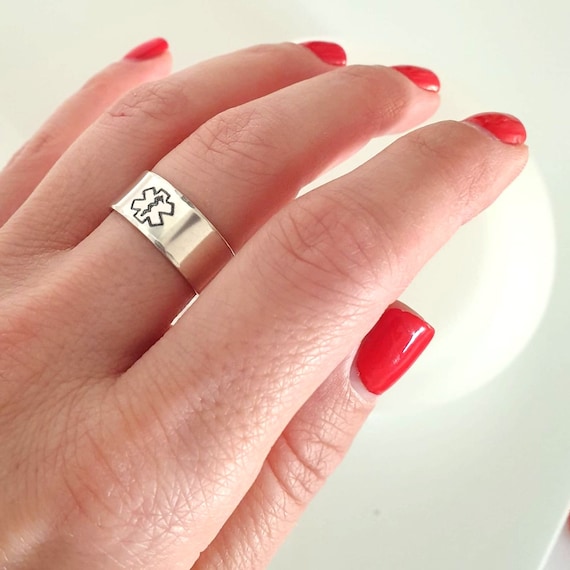 Custom Emergency Medical Ring Personalized Medical Alert EMT Symbol Ring Sterling Silver Emergency Medical Band Medical ID Jewelry Gift Etsy