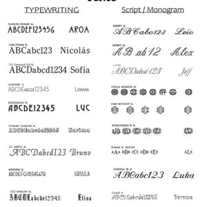 May include: A chart showing different font styles and names. The chart is divided into two sections: "Typewriting" and "Script/Monogram". Each font style is shown with a sample of the letters "ABCDEF" and a name. The font styles include Charles Rennie, Cheltenam, ITC Century, Contemp, Desdemona, Dynamo Shadow, El Greco, Moderna, Old English, AROA, Nicol&aacute;s, Sofia, Loriana, LUC, Karima, Bruno, Ursula, Elisa, Lo&iuml;c, Alex, Jeff, Luka, Pacome.