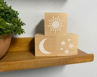 baby nursery blocks, baby shelf decor baby shower decoration sun moon stars nursery decor natural wood blocks, baby wooden nursery blocks