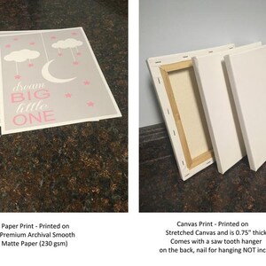 Pu&ograve; includere: Due stampe artistiche. Una &egrave; una stampa su carta con il testo "dream BIG little ONE" in rosa e bianco su sfondo grigio, con stelle, nuvole e una luna crescente. L'altra &egrave; una stampa su tela, spessa 1,9 cm, con un gancio a dente di sega.