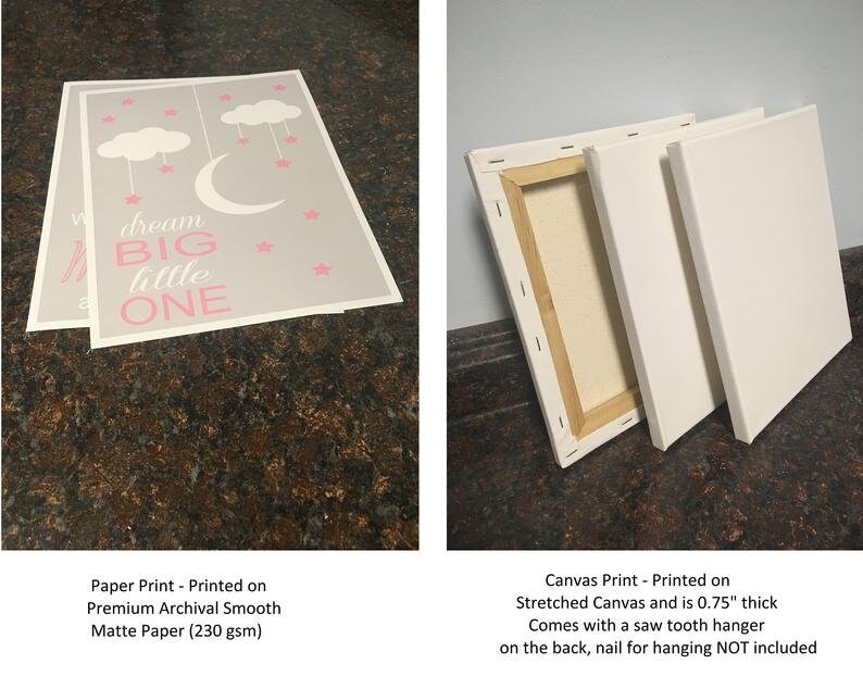 Pu&ograve; includere: Due stampe artistiche. Una &egrave; una stampa su carta con il testo "dream BIG little ONE" in rosa e bianco su sfondo grigio, con stelle, nuvole e una luna crescente. L'altra &egrave; una stampa su tela, spessa 1,9 cm, con un gancio a dente di sega.