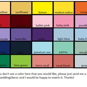 May include: A colour chart displaying a grid of diverse colour swatches, encompassing shades of white, yellow, pink, blue, green, and others. The chart also includes text that says, "If you don't see a colour here that you would like, please just send me a message..."