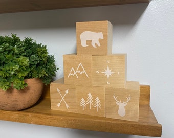 baby nursery blocks baby shelf decor woodland bear deer nursery decor baby shower decoration natural wood blocks mountains arrows forest