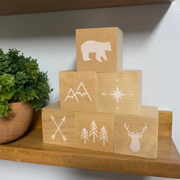 baby nursery blocks baby shelf decor woodland bear deer nursery decor baby shower decoration natural wood blocks mountains arrows forest