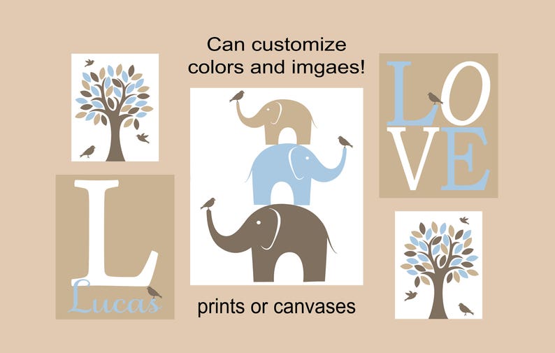 elephant nursery wall decor prints or canvases elephant wall prints mint green and navy LOVE personalized nursery elephant tree and birds