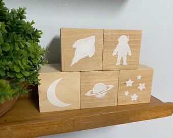 baby nursery blocks astronaut planets space nursery baby shelf decor baby shower decoration rocket nursery decor natural wood blocks