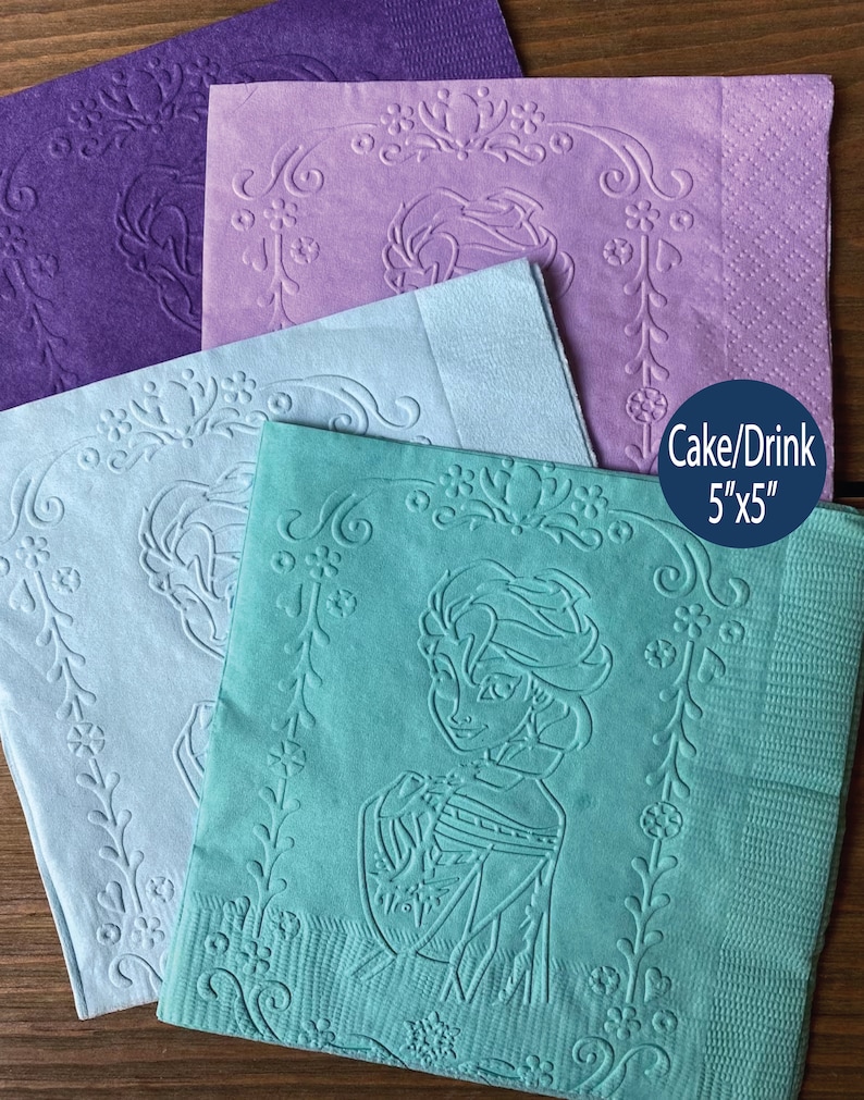 May include: Four paper napkins with a Frozen theme. The napkins are purple, lavender, light blue, and teal. The teal napkin features an embossed image of Elsa. The napkins are 5 inches by 5 inches and are labeled "Cake/Drink 5"x5".