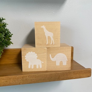 baby nursery blocks, baby shelf decor baby shower decoration blocks safari nursery giraffe lion elephant, natural wood blocks, baby girl boy