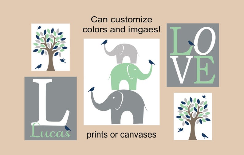 elephant nursery wall decor prints or canvases elephant wall prints mint green and navy LOVE personalized nursery elephant tree and birds