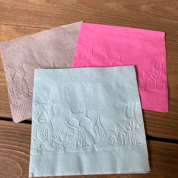 Woodland animals baby shower embossed napkins cocktail napkins cake napkins drink napkins baby shower napkins birthday party fox bear