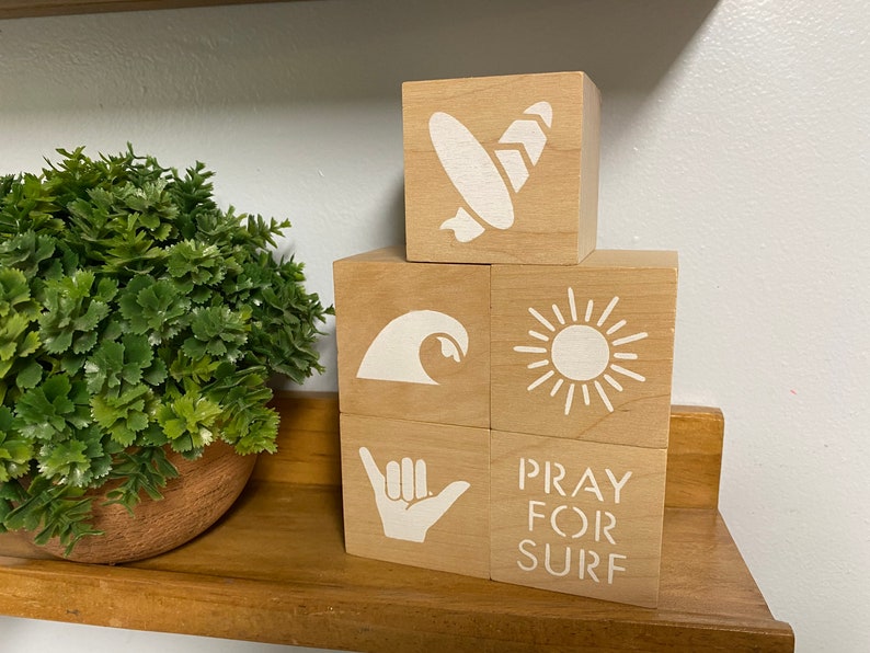 pray for surf baby nursery blocks, baby shelf decor baby shower decoration surf baby boho theme shelf decor surf board waves shaka sign image 6