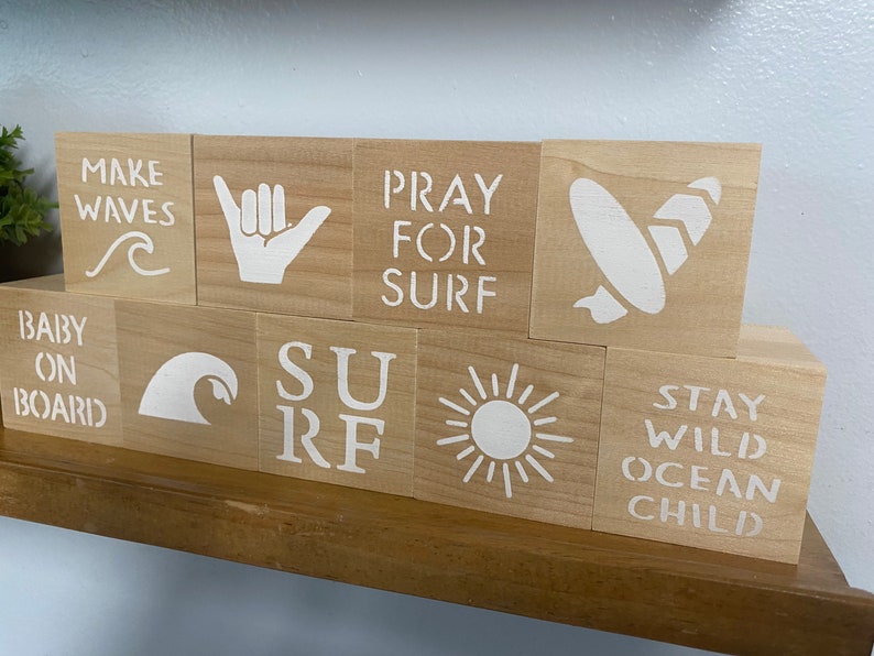 pray for surf baby nursery blocks, baby shelf decor baby shower decoration surf baby boho theme shelf decor surf board waves shaka sign image 3