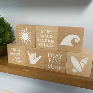 pray for surf baby nursery blocks, baby shelf decor baby shower decoration surf baby boho theme shelf decor surf board waves shaka sign image 8