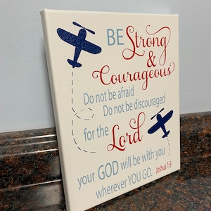 Airplane Nursery Decor, Joshua 1:9 Scripture Canvas Print
