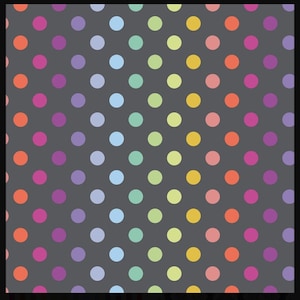 Könnte beinhalten: Ein sich wiederholendes Muster aus bunten Punkten auf einem dunkelgrauen Hintergrund. Die Punkte sind in einem rasterartigen Muster angeordnet, wobei jeder Punkt eine andere Farbe hat, darunter Orange, Rosa, Lila, Blau, Grün und Gelb.