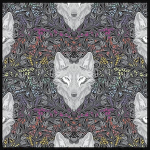 Könnte beinhalten: Ein sich wiederholendes Muster mit stilisierten grauen Wolfsgesichtern und floralen Elementen auf einem dunkelgrauen Hintergrund. Das Design enthält farbenfrohe Akzente in Pink, Orange, Gelb und Blau und erzeugt eine symmetrische und detaillierte Komposition.