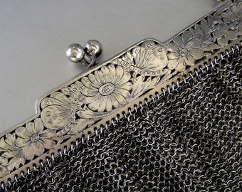 Sterling Silver Purse 1910 Butterflies Flowers Antique Mesh Vintage