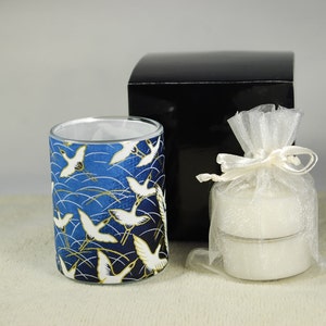 Votive Luminary, White Cranes on Navy, Japanese Chiyogami Papers