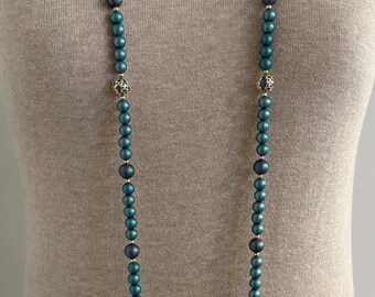 Vintage 1960s Teal Blue Beaded Necklace, Gold Accent, 55" Long