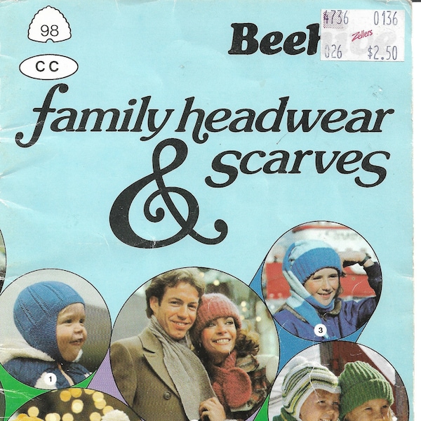 Vintage 1980s Patons 98  Family Headwear and Scarves, 17 Knitted Designs, Beanies, Stocking Cap, Pussy Cat Hat, Berets, Bandeau, Toques,
