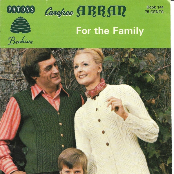 Vintage 1960s Patons Carefree Arran For The Family, 11 Designs to Knit, Womens, Mens & Childrens Cardigans, Pullovers, Vests, Coat and Tuni