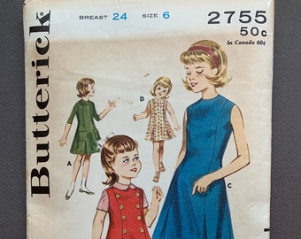Collar. Sleeveless or Three Quarter Sleeves Inverted Pleats /& Blouse Vintage 1960s Butterick 2755 Girls Dress Princess Seams Round Neck