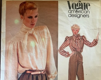 Vintage 1980s Vogue 2611 Size 6 Anne Klein High Neck Blouses, Tucked or Plain Front, High Wrap Collar or Bow Tie, Long Gathered Sleeves.