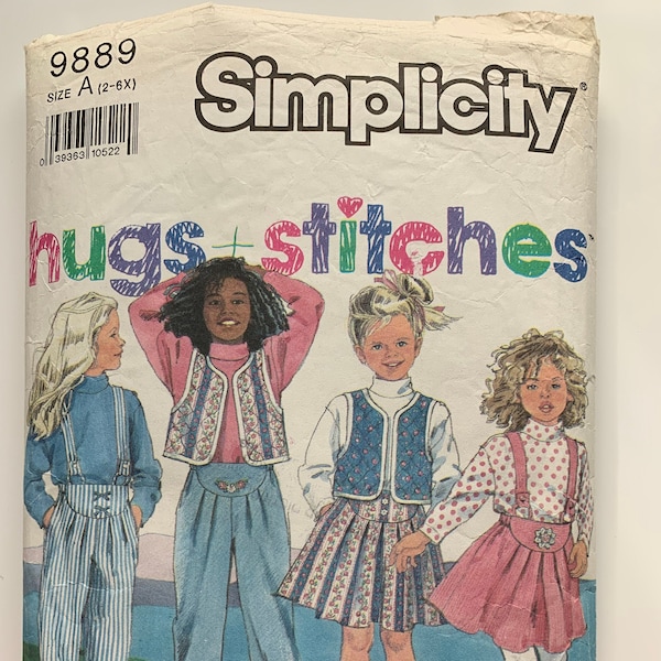 Vintage 1990s Simplicity 9889 Mock Neck Top, Reversible Vest, A Line Skirt or Tapered Pants, Curved Yoke, Pleats, Elastic Back, Suspenders.