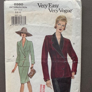 May include: A sewing pattern for a jacket and skirt. The pattern is for sizes 6-8-10. The pattern is called "Very Easy Very Vogue" and the pattern number is 8860. The pattern is for a jacket and skirt. The jacket is a burgundy color with a black collar. The skirt is a black and white striped pattern. The pattern is on a white background.