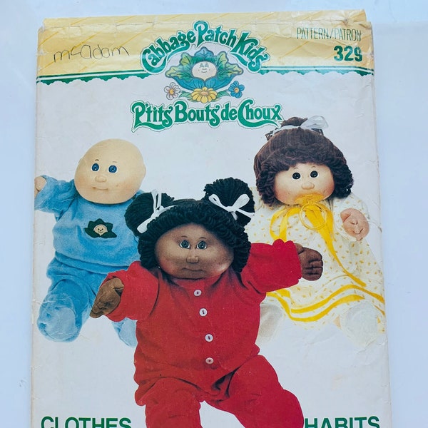 Vintage 1980s Butterick 329 Cabbage Patch Kids Clothing. Pajamas, Sweat Top and Pants, and Nightgown. Original Appliqué Transfers Included.