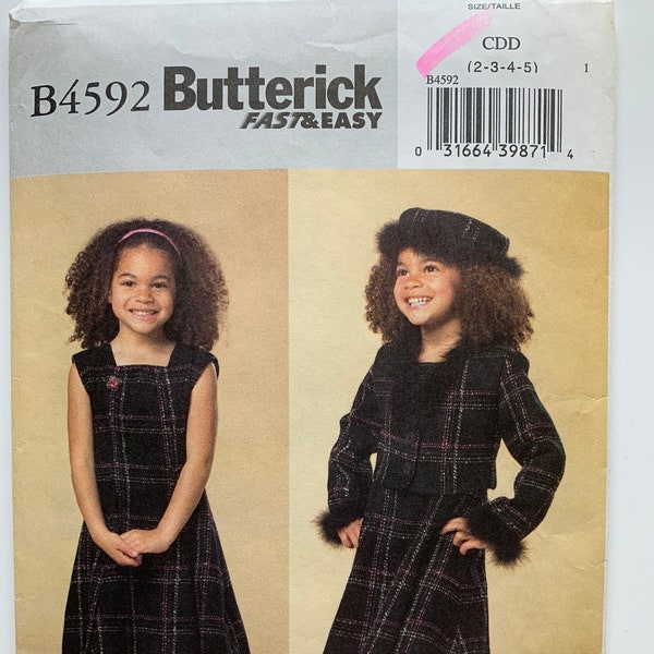 Butterick 4592 Lauren Scott *UNCUT*  Size 2-5 Girls Square Neck Dress, Princess Seams, Fit & Flare,  Sleeveless. Trimmed Jacket and Hat.