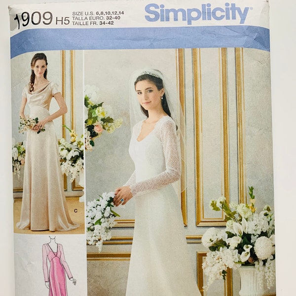 Simplicity 1909 *UNCUT* Size 6-14 Bridal or Bridal Party Gown. Draped Neckline or Fitted Bodice With V Neck Overlay, Long or Short Sleeves,