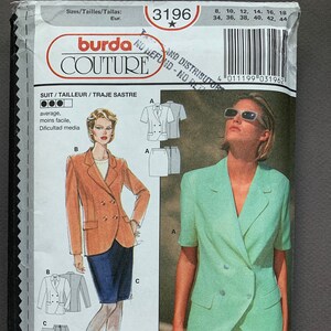 May include: Burda Couture sewing pattern number 3196 for a suit. The pattern includes instructions for a jacket and skirt. The pattern is for sizes 8 to 44. The image shows a woman wearing a green jacket and skirt.