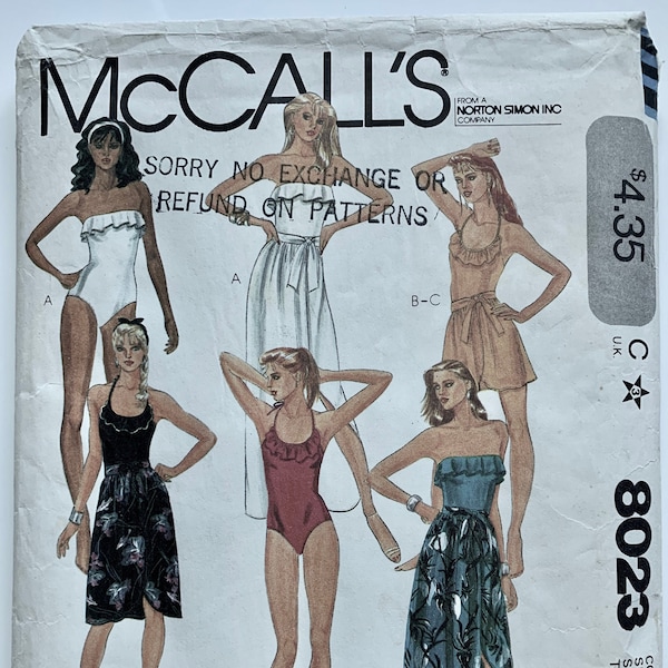 Vintage 1980s McCalls 8023 Size 8-12 Womens Swimsuits, One Piece Strapless or Scoop Neck with Flounce and Front Tie Wrap Skirt. Only Straple