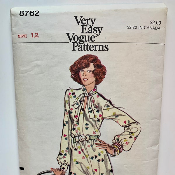 Vintage 1970s Vogue 8762 Size 12 Dress, Loose Fitting, Stand Collar with Bow Tie, Long Sleeves, Button Cuff, Flared Aline Body, Elastic Wais