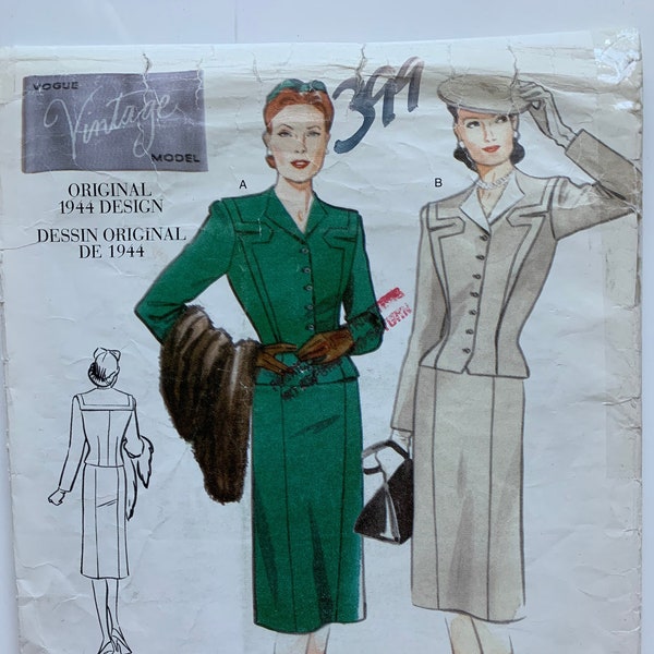 Vintage Vogue 2198 *UNCUT* REPRINT Size 8, 1944 Womens Tailored, Fitted Jacket Notched Flanges, Back Yoke, Shoulder Pads and A Line Skirt.