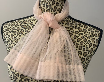 Vintage 1950s Sheer Nylon Scarf, Blush Pink, Rectangular, Fine Net Texture with Diamond Shapes. Machine Stitched Hem, 42cm/16 1/2" Wide.