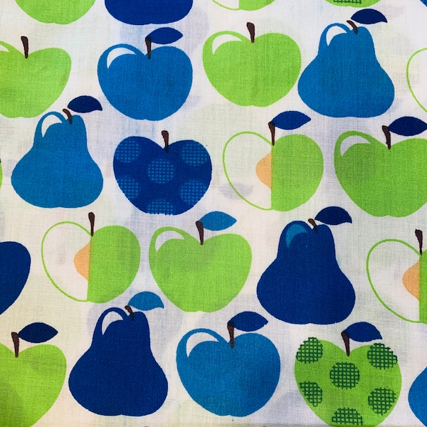 Vintage 1960s Cotton/Polyester Blend Fabric. White Background with Cute Blue and Green Apple & Pear Print. Crisp Muslin Weave, Maybe treated