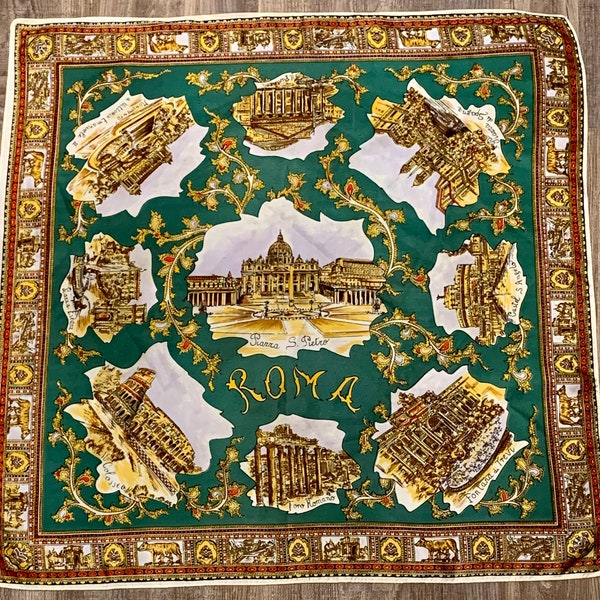 Vintage 1960s Acetate Scarf, Roma (Rome) Italy, Cream, Green, Gold, Browns, Scenes of Roma. Machine Stitched Hem, Tiny Pin Hole in One Corne