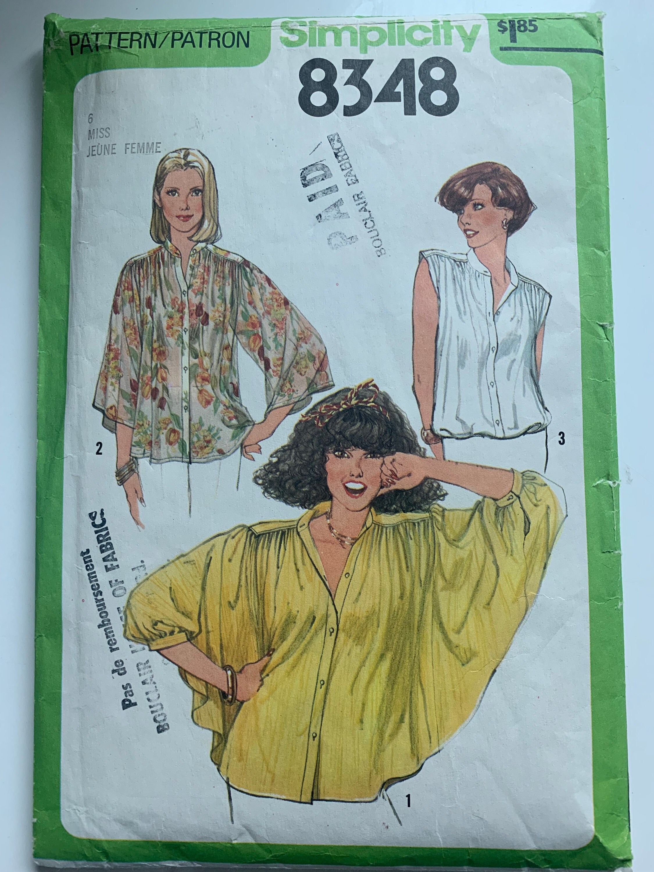 Vintage 1970s Simplicity 8348 Size 6 Adult Blouse. Tab Collar, Shoulder Yoke, Gathered Front and Back, Sleeveless, Three Quarter or Wide Dol