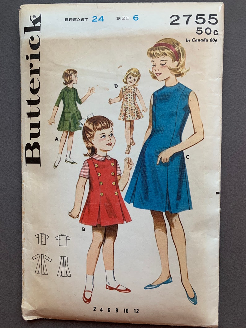 Collar. Sleeveless or Three Quarter Sleeves Inverted Pleats /& Blouse Vintage 1960s Butterick 2755 Girls Dress Princess Seams Round Neck