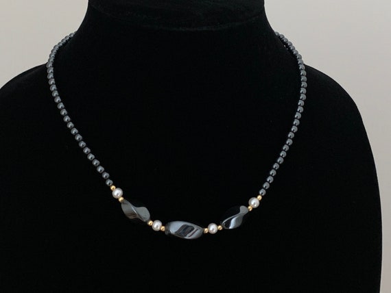 Vintage 1990s Beaded Hematite Necklace, Small Rou… - image 1
