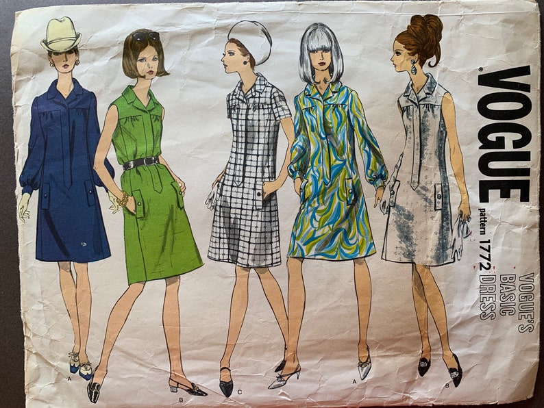 A Line Dress Vintage 1960s Vogue 1772 Pattern Side Front Flap Buttoned Pockets. Shoulder Yoke Front Fly Down Front Shirt Collar
