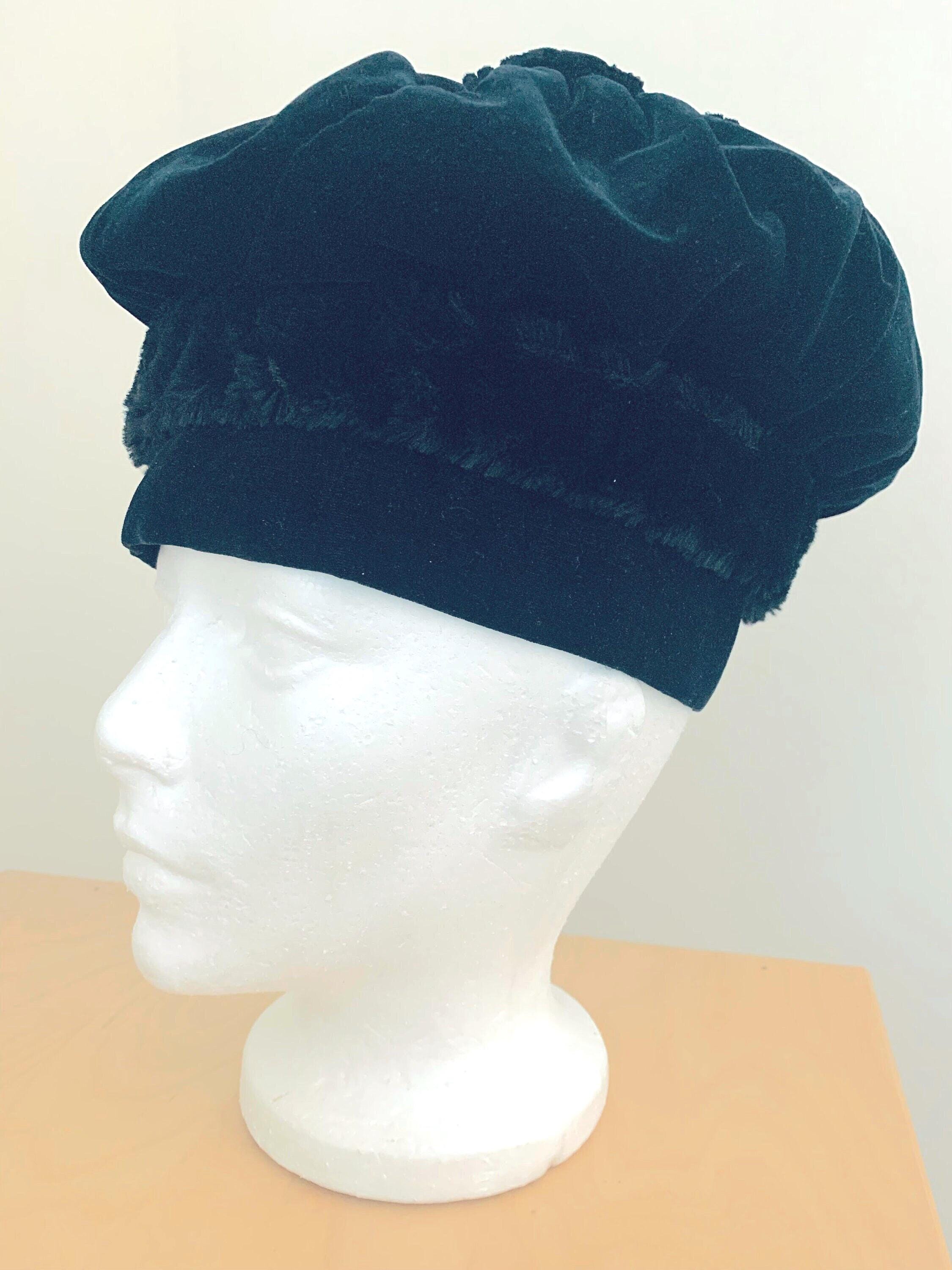 Vintage Edwardian Velvet Hat: Black Faux Fur Trim, Midnight  display picture 1