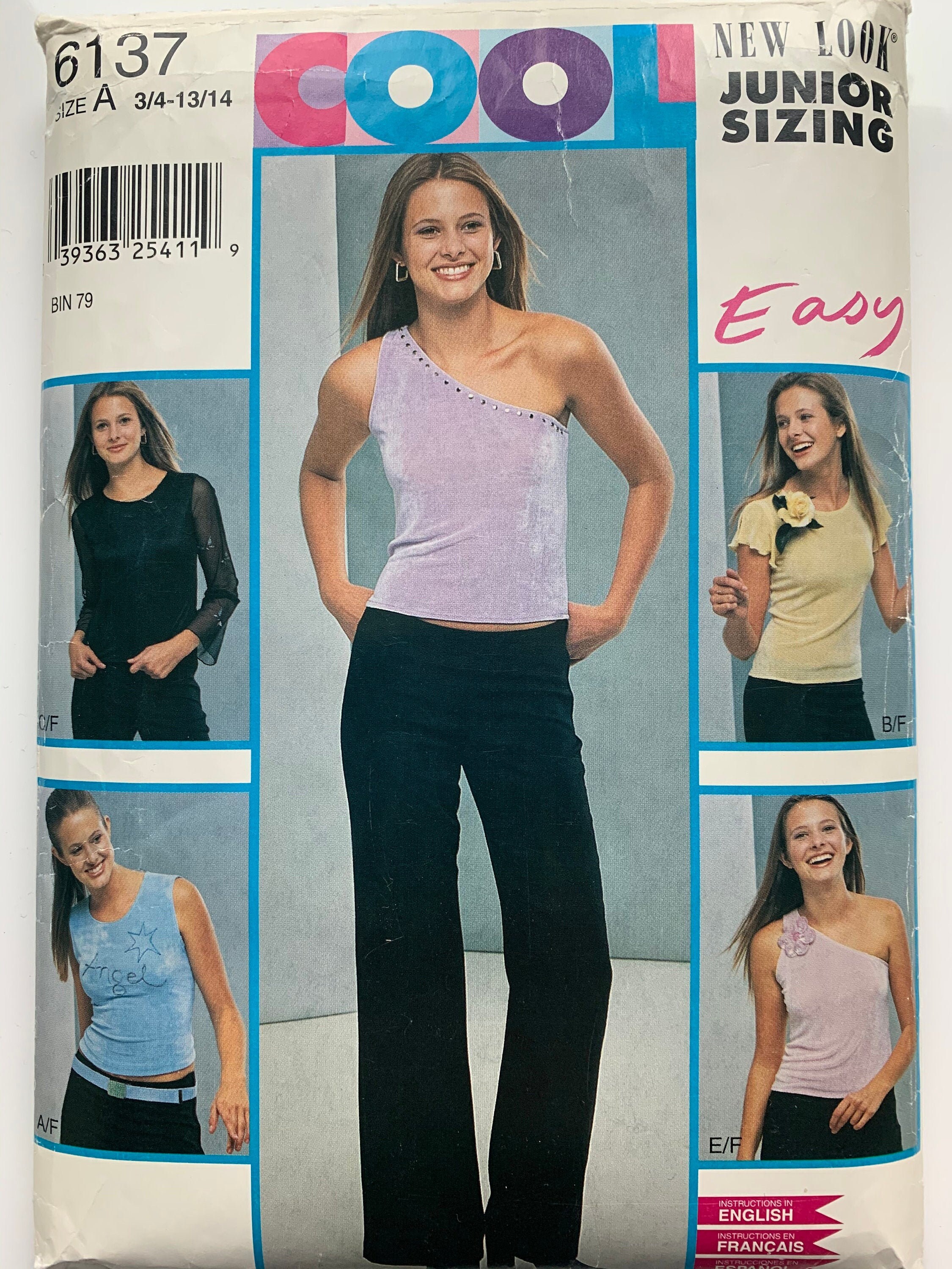 New Look 6137 Tops,  One Shoulder, Sleeveless, Short or Long Sleeves, Waist length, Optional Trim. Contour Waist, Slightly Flared Pants.