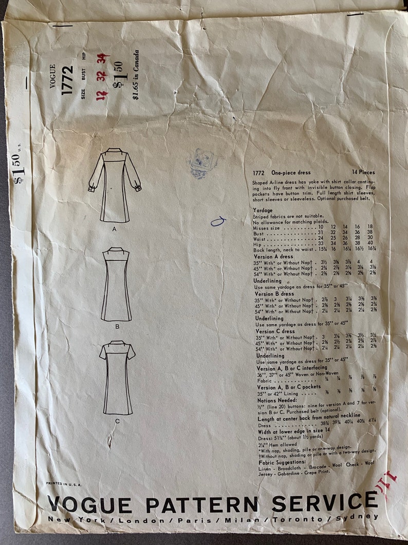 A Line Dress Vintage 1960s Vogue 1772 Pattern Side Front Flap Buttoned Pockets. Shoulder Yoke Front Fly Down Front Shirt Collar